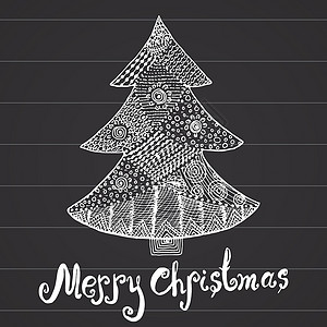 上新季矢量Ornament 手画圣诞树的草图 以zentangle 风格绘制 在黑板上用装饰和字母显示矢量问候语假期手绘图腾插图涂鸦庆典季背景