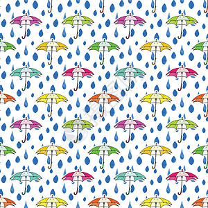 各种伞矢量雨滴和伞无缝图案 手画矢量插图天空天气绘画季节淋浴衣服液体涂鸦墙纸草图背景