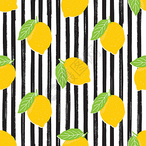 矢量橙手绘Lemon手画的草图 条纹无缝模式 矢量说明叶子剪贴簿食物柠檬美食墙纸甜点植物热带水果背景