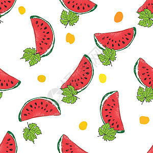 扁平画水果西瓜水环手绘无缝模式矢量说明食物绘画涂鸦甜点插图打印水果种子手绘叶子背景