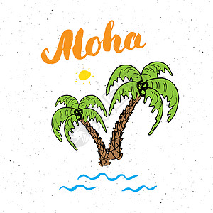 矢量海洋用手绘素描棕榈树排版设计标志 矢量插图刻字 aloha太阳光线草图植物学假期旅行叶子横幅植物棕榈旅游背景