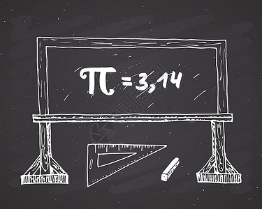 公式向量Pi 符号手画图标 在黑板背景的学校布莱克板矢量插图上的 Grunge书法数学符号分数教育粉笔数字工程标签半径技术几何学标识背景