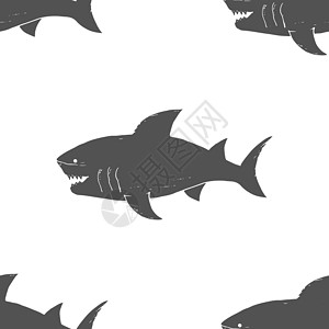 鲨鱼图标鲨鱼无缝模式 手画图纸涂鸦鲨鱼 矢量插图卡通片动物海浪危险捕食者吉祥物手绘绘画墙纸牙齿背景
