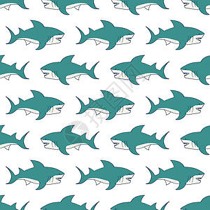 鲨鱼图标鲨鱼无缝模式 手画图纸涂鸦鲨鱼 矢量插图吉祥物包装尾巴危险潜水游泳攻击海洋卡通片织物背景