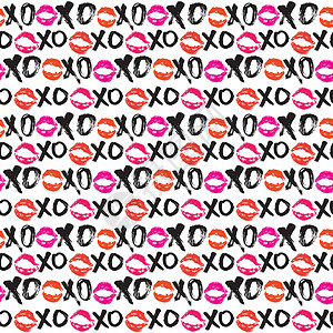 XOXO 笔刷字母符号无缝模式 Grunge 书写拥抱和亲吻法尔斯 互联网短语缩写XOXO符号 白色背景上孤立的矢量插图绘画脚本背景