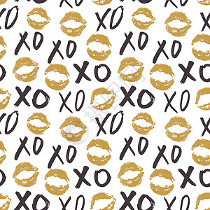 XOXO 笔刷字母符号无缝模式 Grunge 书写拥抱和亲吻法尔斯 互联网短语缩写XOXO符号 白色背景上孤立的矢量插图假期刷子背景
