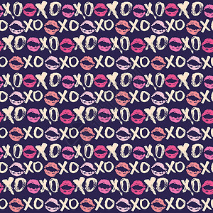 XOXO 笔刷字母符号无缝模式 Grunge 书写拥抱和亲吻法尔斯 互联网短语缩写XOXO符号 白色背景上孤立的矢量插图婚礼书法背景