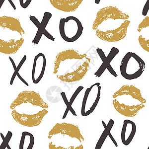XOXO 笔刷字母符号无缝模式 Grunge 书写拥抱和亲吻法尔斯 互联网短语缩写XOXO符号 白色背景上孤立的矢量插图字体墙纸背景