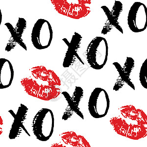 婚博会字体XOXO 毛笔字母标志无缝图案 拥抱和亲吻短语 互联网俚语缩写 XOXO 符号 在白色背景上隔离的矢量插图海报打印绘画字体嘴唇婚背景