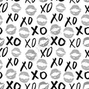 XOXO 笔刷字母符号无缝模式 Grunge 书写拥抱和亲吻法尔斯 互联网短语缩写XOXO符号 白色背景上孤立的矢量插图假期刷子背景