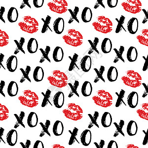 婚博会字体XOXO 毛笔字母标志无缝图案 拥抱和亲吻短语 互联网俚语缩写 XOXO 符号 在白色背景上隔离的矢量插图字体假期刷子墙纸横幅婚背景