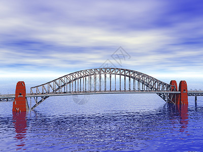 在大河上架桥路径拱桥金属桥墩红色蓝色轮渡过渡背景图片