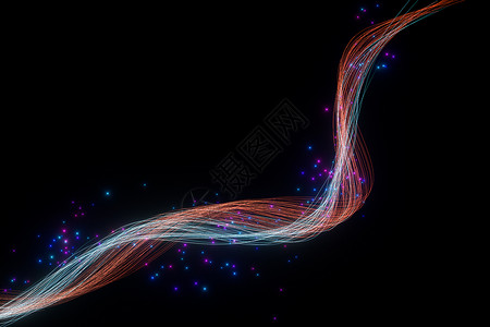蓝色粒子漩涡黑色背景的3D喷射线闪烁着光芒海浪耀斑坡度螺旋线条粒子流动蓝色辉光火花背景