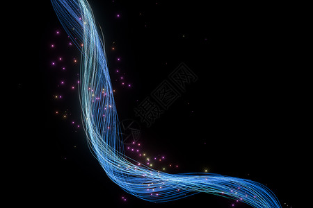 蓝色漩涡光效黑色背景的3D喷射线闪烁着光芒渲染线条辉光耀斑粒子蓝色曲线坡度火花纤维背景