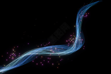 蓝色粒子漩涡黑色背景的3D喷射线闪烁着光芒螺旋纤维闪光辉光漩涡海浪曲线线条渲染蓝色背景