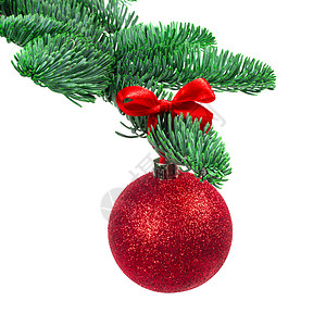 新年盛惠圣诞树和红球在惠特装饰品装饰玻璃庆典玩具枝条丝带边界假期新年背景