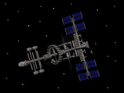 空间中大型空间站悬浮蓝色太空环绕收音机卫星电视黄色旅行科学背景图片