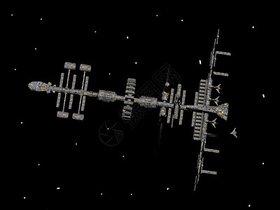 空间中大型空间站悬浮黄色环绕蓝色卫星电视旅行科学收音机太空背景图片