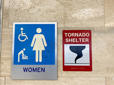 严重警告妇女洗手间和龙卷风庇护所标志 引导人们背景