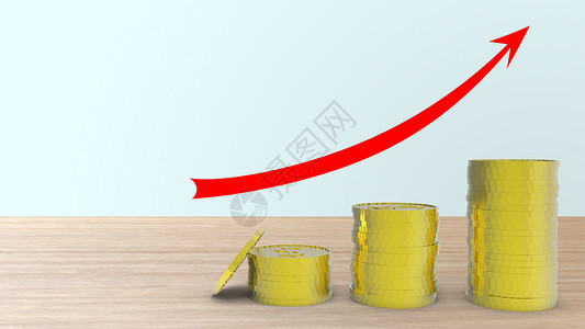 升级箭头3D 渲染金属金币黄色在木桌上蓝色背景堆叠上升图与红色箭头 风险管理业务财务和管理投资百分比利率概念背景