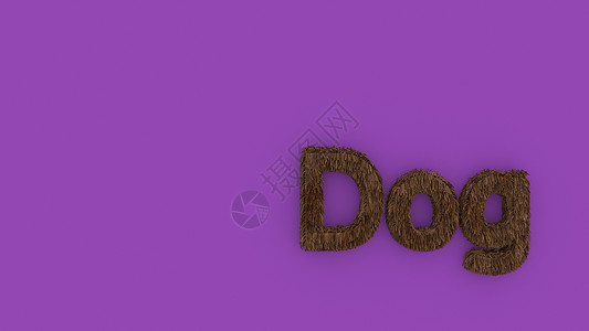小奶狗字体狗-紫色背景上的 3d 字棕色 呈现毛茸茸的字母 宠物毛皮 宠物店 宠物屋 宠物护理标志设计模板 兽医诊所和动物收容所无家可归的背景