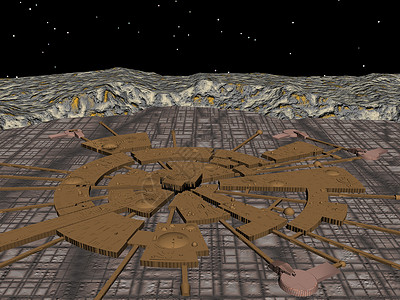 外国行星上的太空船着陆基地大厅圆形科学月球飞船表面空间站建筑背景图片
