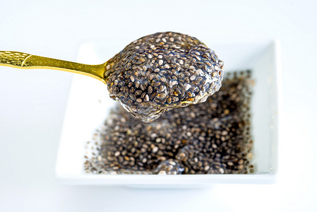 明胶种子用于饮食的Chia种子凝胶食物丹参勺子力量黑色重量矿物内核烹饪损失背景