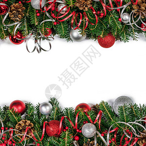 白色装饰框架圣诞花和白色的装饰横幅假期云杉作品松树玩具框架风格庆典丝带背景