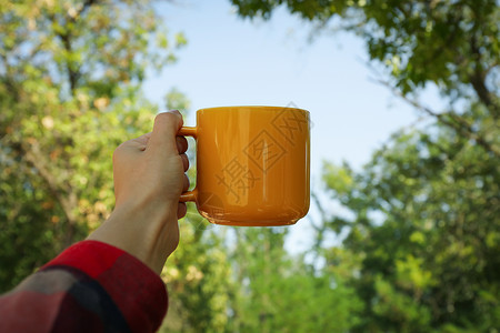 穿衬衫的女性手在户外握着黄色的杯子公园旅行咖啡女士森林叶子背景图片