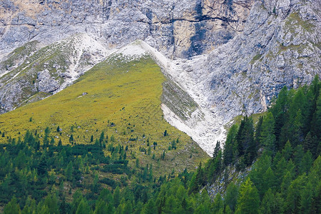 法萨谷意大利欧洲多洛米特的森林和山脉地貌高山风景岩石踪迹木头远足天空蓝色旅游爬坡背景