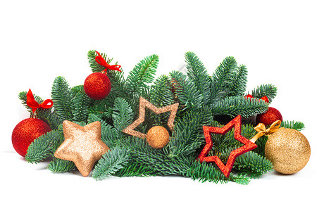 新年盛惠圣诞树和小玩意儿在惠特装饰新年玻璃玩具风格枝条边界丝带庆典云杉背景
