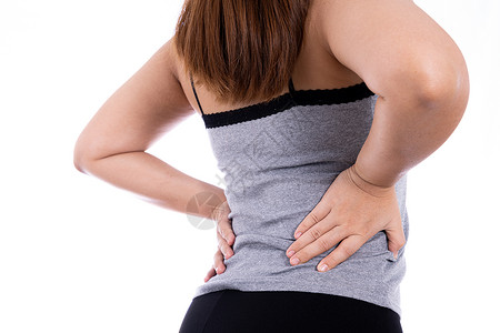 不后退患有腰部和背部疼痛的妇女与世隔绝的白种背景 保健和医疗概念风湿背痛风湿病药品伤害光盘成人男人肌肉痛苦背景