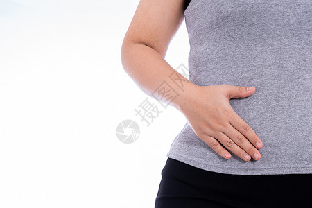 女性触摸胃 腰或肝脏的手与白种背景隔绝 卫生保健和医疗概念黄疸代谢感染消化胆囊排毒肠胃纤维化药品胰腺背景图片