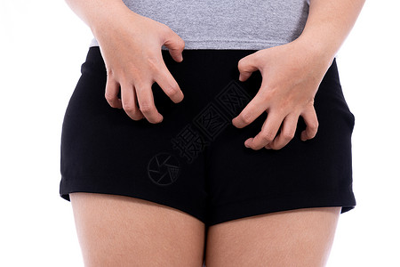 特应性女性用手抓着她的裤带孤立的白色背景 医疗 为广告概念提供保健治疗形态学表皮细菌皮肤淋病划痕感染皮肤科微生物学背景
