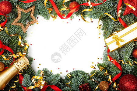 旋转丝带框架圣诞树和装饰假期庆典金子玩具枝条星星横幅框架松树风格背景