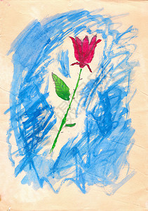 蓝色蜡笔有背景的红色玫瑰花 儿童画水彩画背景
