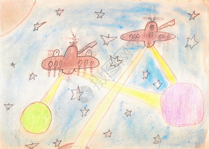 外星飞碟两艘外星飞船在开阔的空间中用星星扫描行星 儿童画天文学绘画蜡笔轨道插图车辆技术地球卫星萤火虫背景