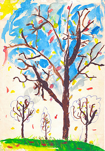 树叶画棕色的树 黄色和红色的叶子 绿草和蓝天 儿童画背景