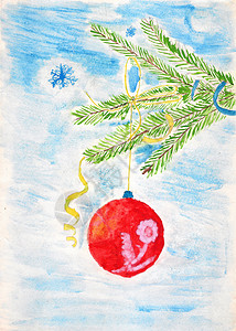 手绘线球作为圣诞树装饰的红球彩带和雪花 儿童画背景