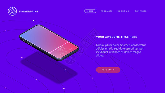 时尚等距矢量智能手机 带有等距手机的应用程序样机或横幅的 Web 模板 指纹应用展示背景图片