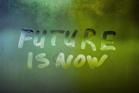 未来可期文字词未来现在是手写在夜有雾的窗口玻璃surfac创新窗户城市闪电青色脚本坡度投影辉光英语背景