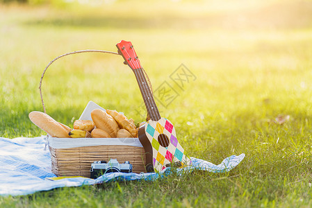 布草洗涤配有面包食品和水果的圆篮子草地缺口公园小吃午餐桌布晴天场地健康食物背景