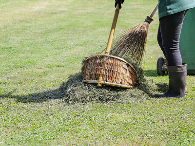 扫帚畚箕园艺人员使用天然扫帚和尘盘扫草草修剪草坪之后的草叶背景