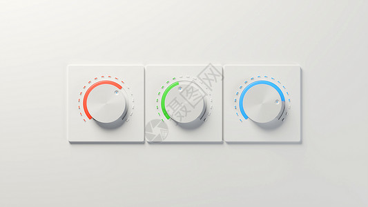 到场三个白色旋钮 白色背景上有红色绿色和蓝色亮点  RGB 颜色混合音频设备概念 数字 3D 渲染背景