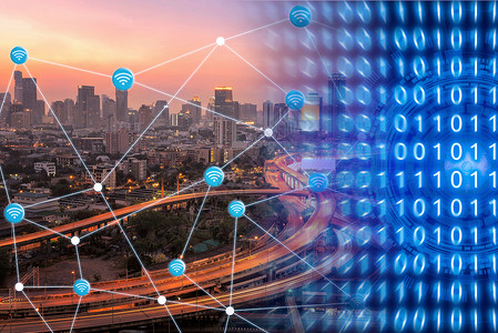 城市业务大数据具有 wifi 连接的智能城市展示了用于全球业务连接的物联网智能技术 智能城市和智能技术物联网概念的照片设计触摸屏互联网技术上网背景