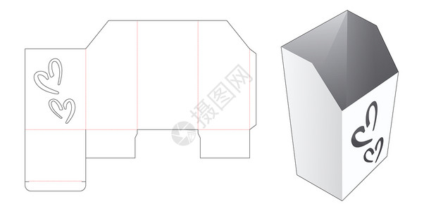带 2 个心形窗口模切模板的纸板文具盒商品盒子插图贮存卡片蓝图礼物商业零售木板背景图片