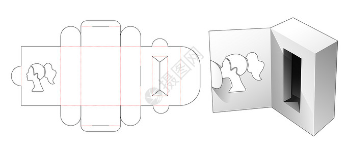 翻盖模切模板上带有女性肖像形窗口的翻盖化妆盒背景图片