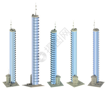 房屋3D图虚构设计建筑的 5 个不同角度视图渲染 带有带多云天空反射的阳台 - 孤立的 3d 建筑图背景