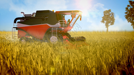小麦图案机器人收割机联合收割机在农村领域工作-工业 3D 图案背景