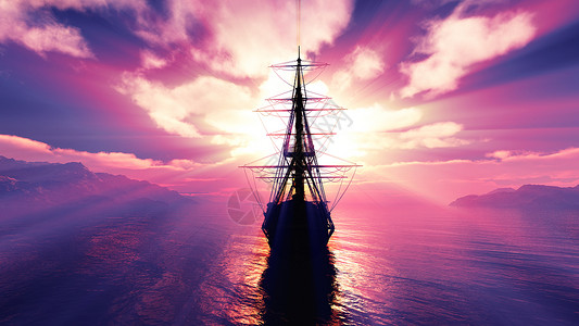 直挂云帆旧船在海上日落航行运输天空历史帆船历史性阳光古董插图射线背景